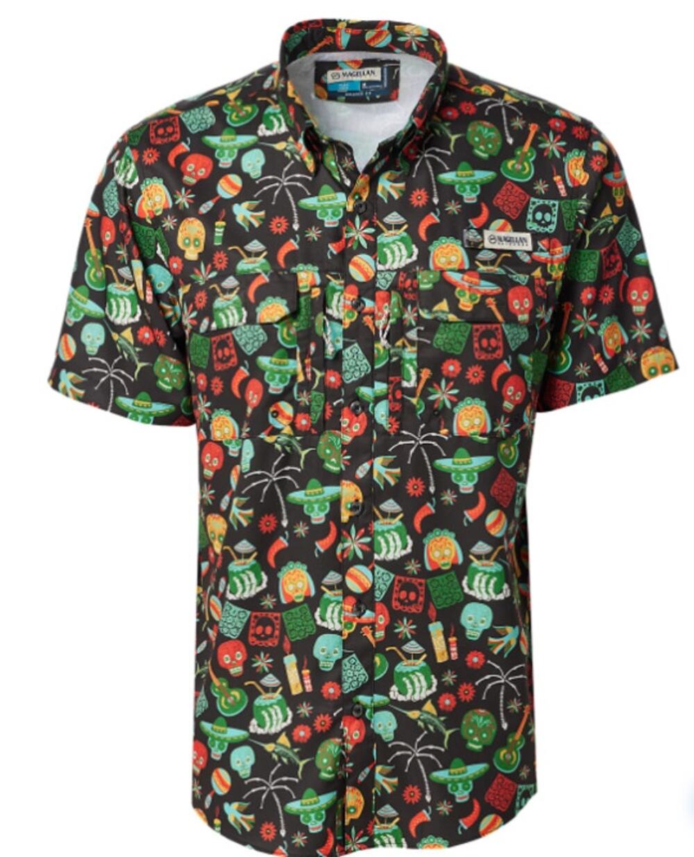 MAGELLAN Dia De Los Muertos Print Short Sleeve Fishing Shirt Small Black NWOT